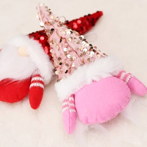 Christmas faceless gnome ornaments with sequin hats and plush fur in red and pink