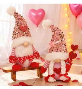 Detail of male and female Valentine gnomes with pink sequins and LOVE banner