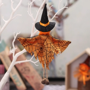 Décoration suspendue citrouille d'Halloween avec clochettes et motif toile d'araignée