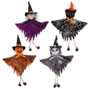 Halloween hanging decor set with purple witch, black cat, pumpkin and skeleton dolls
