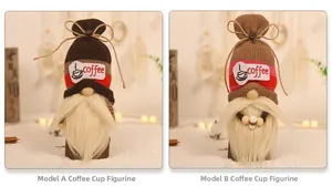 Detail of coffee gnomes with knitted hats featuring coffee text and soft white beards
