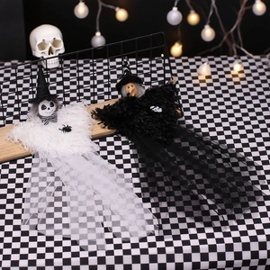 Halloween witch and ghost hanging dolls with gauze skirts and feather tops for party decor
