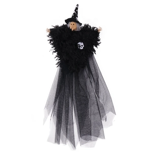 Halloween hanging witch decoration with black lace skirt, skull detail and star moon hat