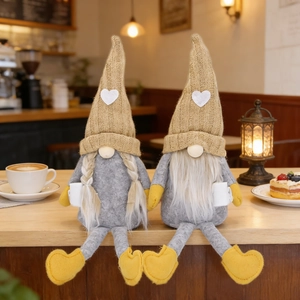 Pair of knitted coffee gnome plush dolls with dangling legs for home cafe decorations