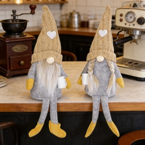 Handmade coffee gnome plush set with long hanging legs for home bar and kitchen decor