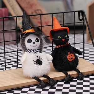 Λούτρινα κουκλάκια Halloween σκελετός και γάτα με καπέλα μάγισσας για γιορτινή διακόσμηση