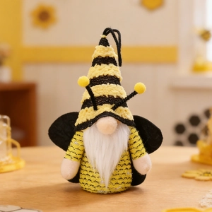 Nahaufnahme eines leuchtenden Bienenfest-Gnomes mit gelben Streifen und weißen Flügeln