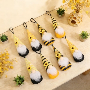 Set aus acht Bienen-Gnomes mit gelben Streifen und Sonnenblumenmustern auf Holz