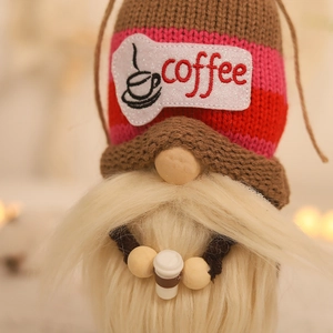 Knitted coffee gnome plush doll with striped hat and miniature coffee cup ornament
