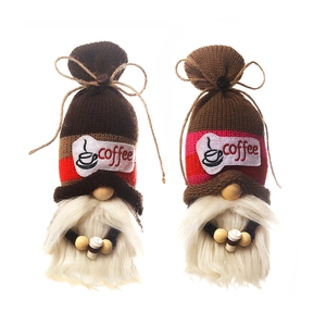 Pair of coffee-themed knit gnomes with white beards holding mini cups for home decor