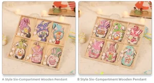 Detailed view of colorful wooden Easter gnomes in a tray with rabbit ears and eggs