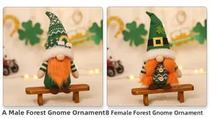 Detail view of St. Patrick's Day gnomes with green shamrock hats and orange beards