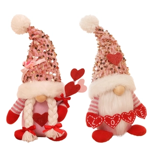Pair of Valentine's Gnomes with pink sequin hats and LOVE heart banner on white background