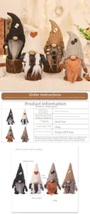 Detailed size specifications and material chart for knitted coffee gnome doll decorations