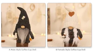 Detail view of handmade knitted coffee gnomes with wooden base and plush texture