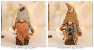 Detailed close-up of handmade coffee gnome plush dolls with knit hats and mini cups