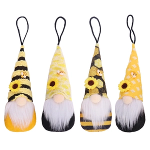 Set of four bee-themed faceless forest gnomes with sunflower accents and hanging cords
