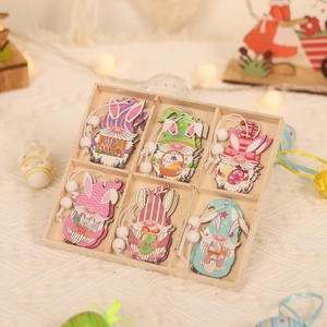 6Pcs Easter wooden gnome ornaments with rabbit ears and colorful eggs in a wooden tray