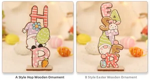 Detail of laser-cut wooden Easter gnome signs with HOP and EASTER lettering decor