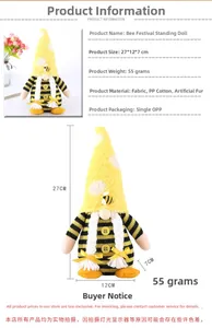 Close-up of a 27cm bee festival gnome with yellow stripes and long braids on white background