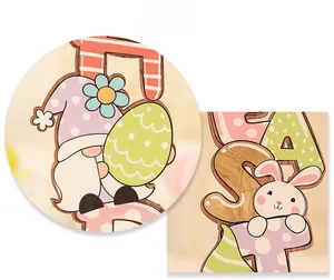 Detail display of wooden Easter gnome and egg ornaments with pastel dot texture