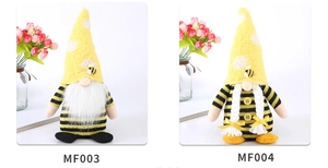 Detail of bee themed gnomes featuring striped knit fabric and miniature bee decorations