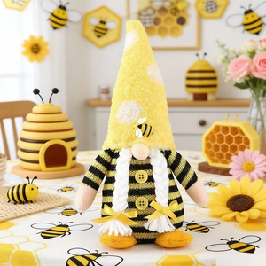 Detail of bee festival gnome with yellow stripes, white braids and soft plush accessories