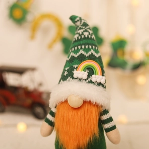 Handmade St. Patrick's Day gnome with green knit hat, rainbow decor and orange beard