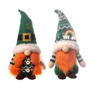 Saint Patrick's Day gnome plush duo with green shamrock hats and orange beards for decor