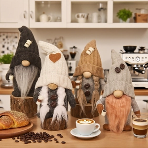 Four handcrafted coffee gnome dolls with knitted hats and mugs in a warm kitchen setting