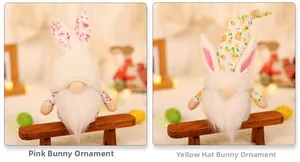 Detail of plush Easter gnomes with floral bunny ears and long beards on a wooden bench