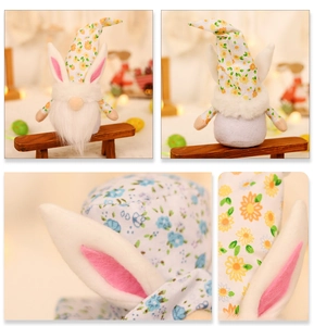 Detail view of Easter gnome plush with floral patterns and soft fabric textures