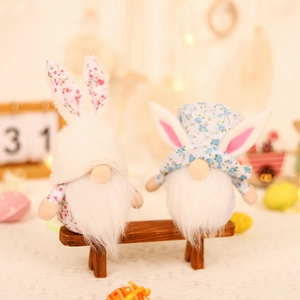 Easter floral gnome plush set with rabbit ears and top hats on wooden bench decoration