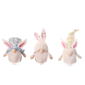 Three Easter gnomes with floral bunny ears and plush beards on a clean white background