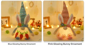 Detail view of glowing blue and pink Easter gnomes with rabbit ears and LED lighting