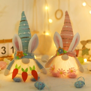 Easter Glowing Gnome Doll With Rabbit Ears Knitted Hat LED Plush Ornament For Tabletop Decoration Carrot Bunny Festival Home Decor