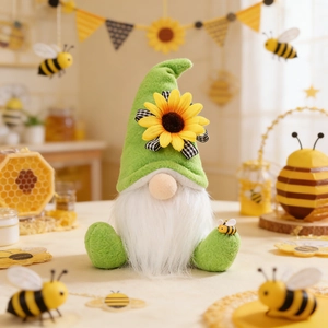 Süßer Ernte-Bienen-Zwerg mit Sonnenblumenhut und weißem Bart für die Frühlingsdeko