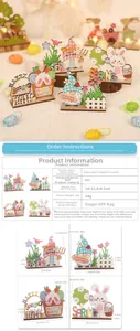 Detail of DIY wooden Easter bunny and gnome ornaments showing varied sizes and dimensions