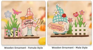 Detail of wooden Easter gnome ornaments with colorful fence and spring flower patterns