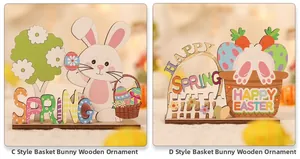 Detail of Easter wooden bunny ornaments with Spring text and hand-painted floral patterns
