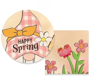 Detail view of wooden gnome plaque with Happy Spring text and floral finish
