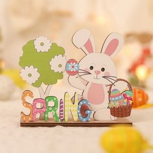 Easter cartoon wooden rabbit and spring tree tabletop ornament with Spring word art