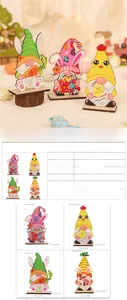Detailed view of Easter wooden gnome ornaments featuring rabbits and chicks decorations