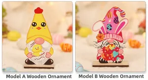 Detail of Easter wooden chick and rabbit gnomes on natural wood base for festive decor