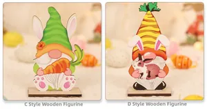 Detail of wooden Easter gnomes with carrot and bunny designs on rectangular bases