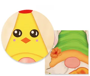 Close-up of wooden cartoon chicken and gnome ornaments with sharp printed details