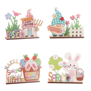 Easter wooden desk ornaments set with gnomes and rabbits in rustic country style