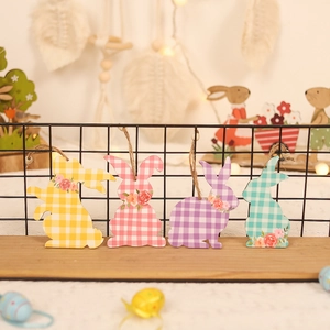 Checkered Wooden Rabbit Hanging Pendant With Lattice Gingham Pattern And Floral Design For Easter Party Home Decor Hanging Bunny Decor