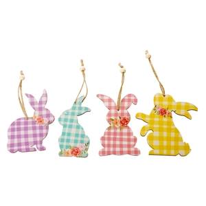 Vierer-Set bunte karierte Osterhasen-Holzanhänger mit Hanfseil und Perlen-Dekoration