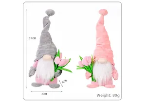 Detail view of Mother's Day gnome plush with tulip bouquet showing 37cm height dimensions